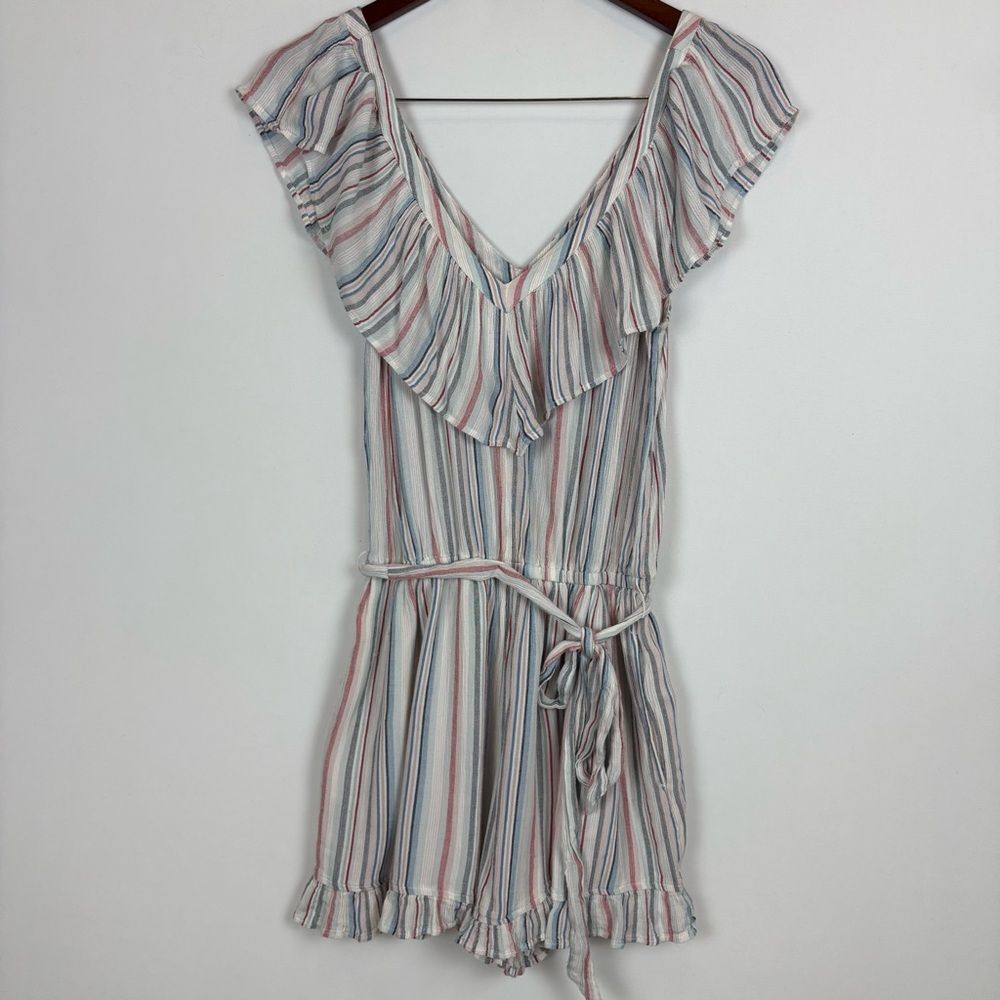 American Eagle Striped V-Neck Romper with Pockets and Belt